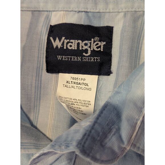 Vintage Wrangler Pearl Snap Shirt XLT XL Tall Short Sleeve Blue Striped Western - Picture 7 of 7
